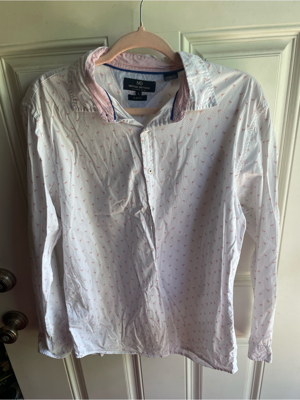 Michael Brandon White Long-Sleeve Dress Shirt with Pink Micro  Flamingo Print